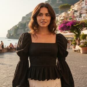 Caroline Constas Women's Wren Puff Sleeve Eyelet Embroidered top in Black sz XS